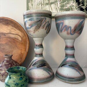 Vintage '87 Pair of Abstract Pottery Goblets